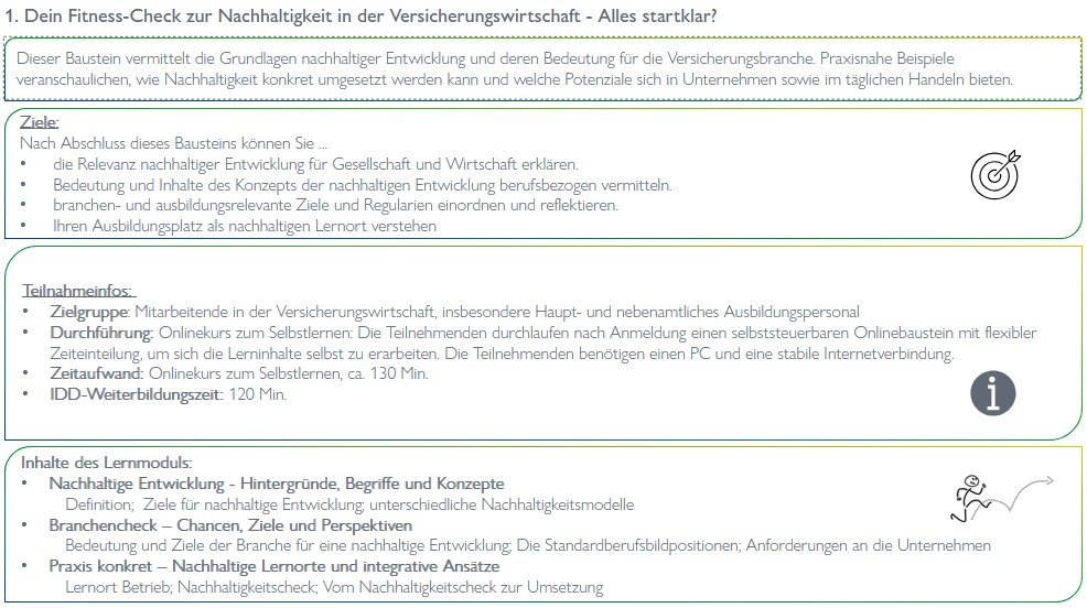Ein Text über einen Fitness-Check zur Nachhaltigkeit in der Versicherungswirtschaft. Er beschreibt Ziele und Inhalte des Kurses, die Teilnehmer und Themen wie nachhaltige Entwicklungsanträge und Best-Practice-Ansätze. Der Kurs beginnt im Februar 2026 und hat eine Dauer von 130 Minuten.